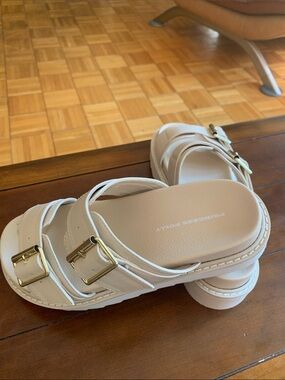 Princess Polly Neutral Beige Slide Sandals with Gold Buckles